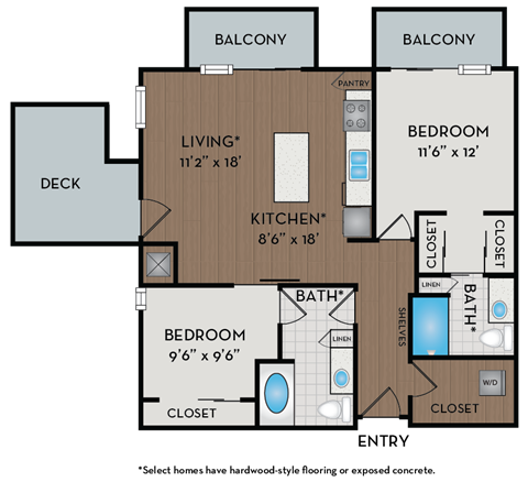 A floor plan of a home with a living room, kitchen, two bedrooms and two bathrooms.